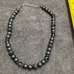 Gunmetal Pearl Beaded Necklace with Ornate Metal Accents